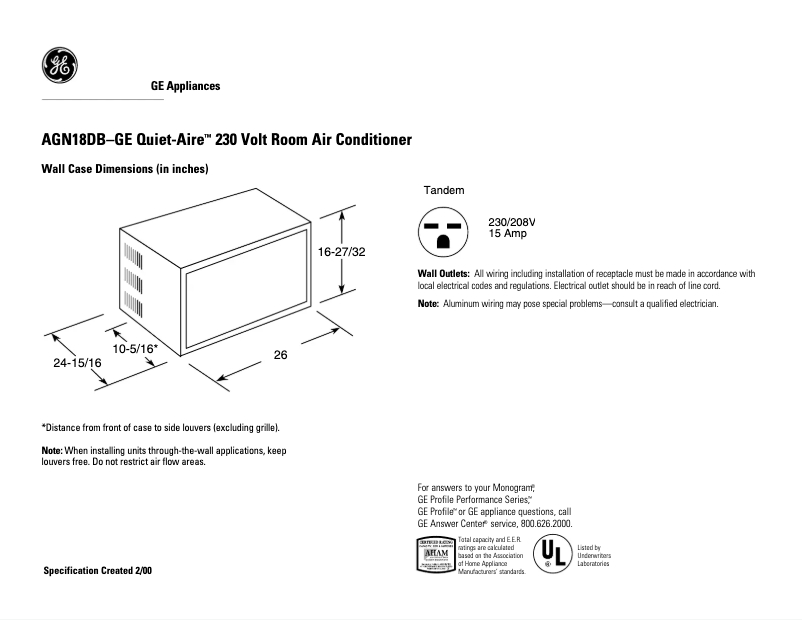 Page 1 de la notice Fiche technique GE Quiet-Aire AGN18DB