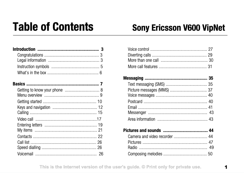 Page n°1 - Manuel utilisateur Sony Ericsson V600i