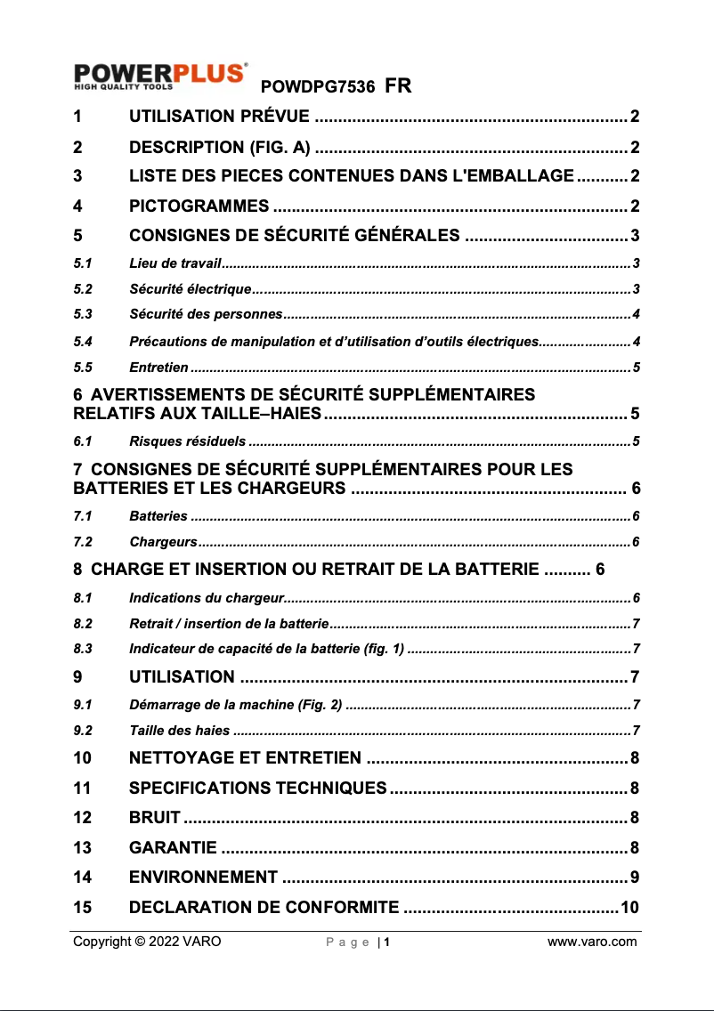 Page 1 de la notice Manuel utilisateur PowerPlus POWDPG7536