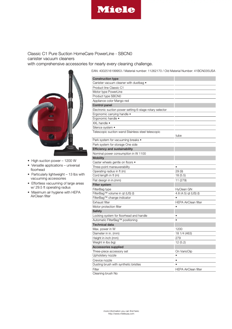 Página 1 del manual Ficha técnica Miele Classic C1 Pure Suction HomeCare