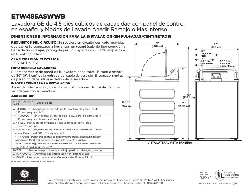 Page n°1 - Fiche technique GE ETW485ASWWB