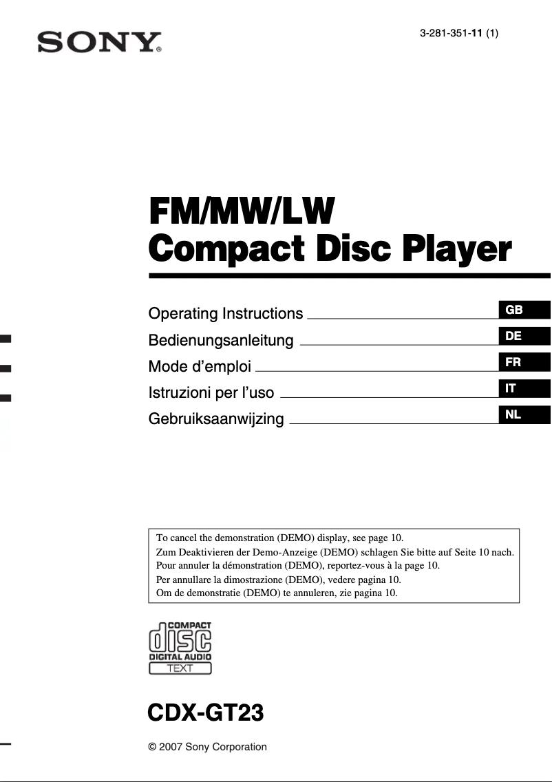 Page 1 de la notice Manuel utilisateur Sony CDX-GT23