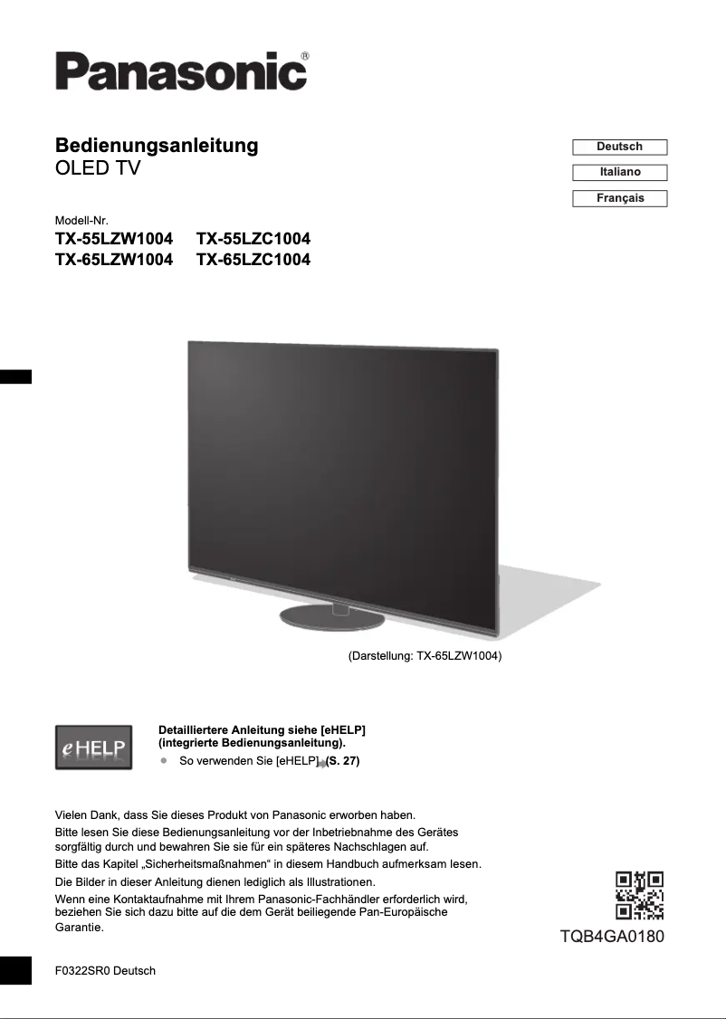 Page 1 de la notice Guide de démarrage rapide Panasonic TX-65LZW1004