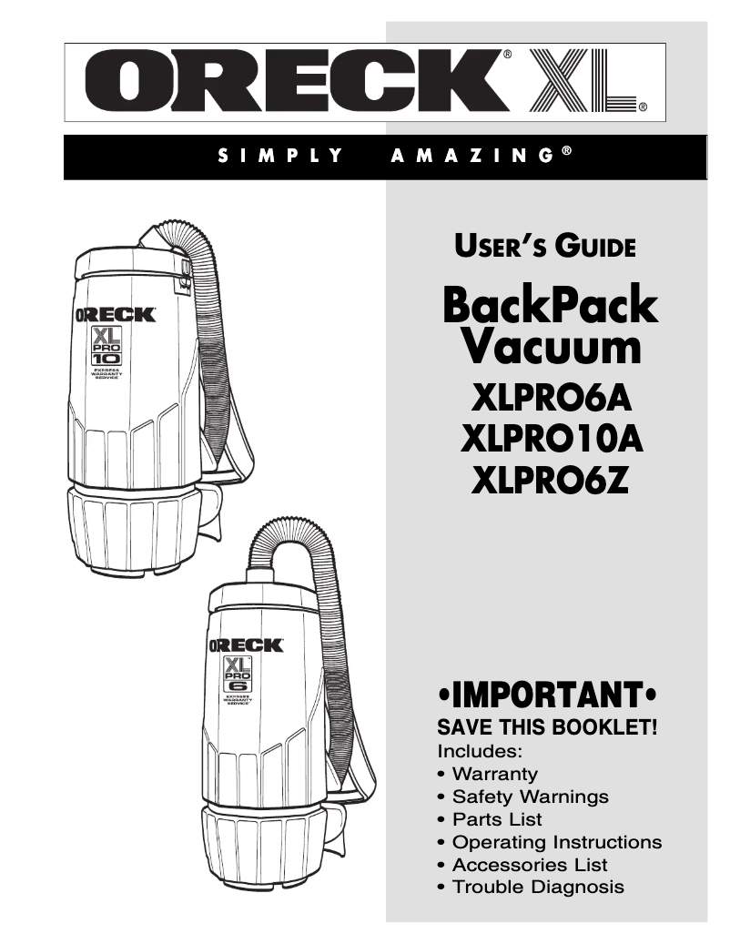 Page n°1 - Manuel utilisateur Oreck Backpack XLPRO 10