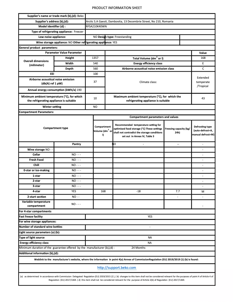 Page 1 de la notice Fiche technique Beko RFSA210K40WN