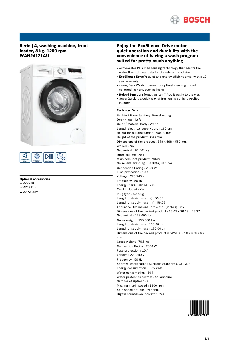 Page 1 de la notice Fiche technique Bosch WAN24121AU