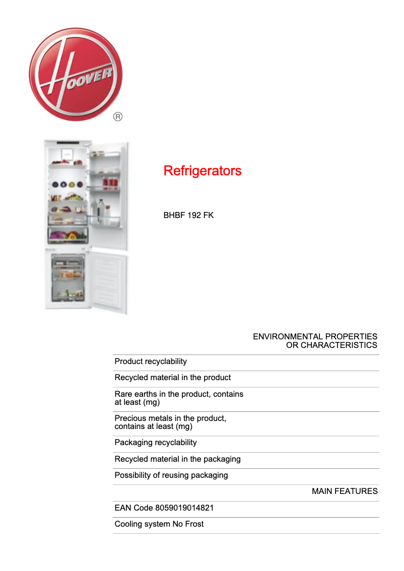 Página 1 del manual Ficha técnica Hoover BHBF 192 FK