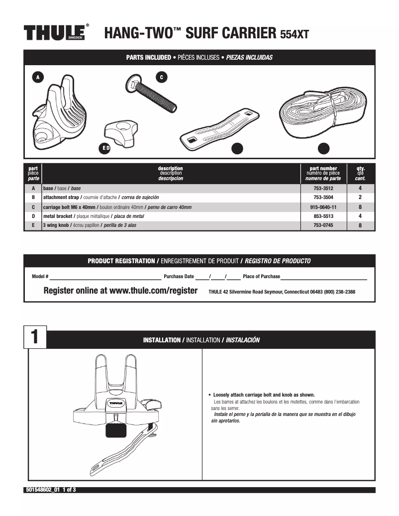 Page n°1 - Manuel utilisateur Thule Hang-Two Surf Carrier 554XT