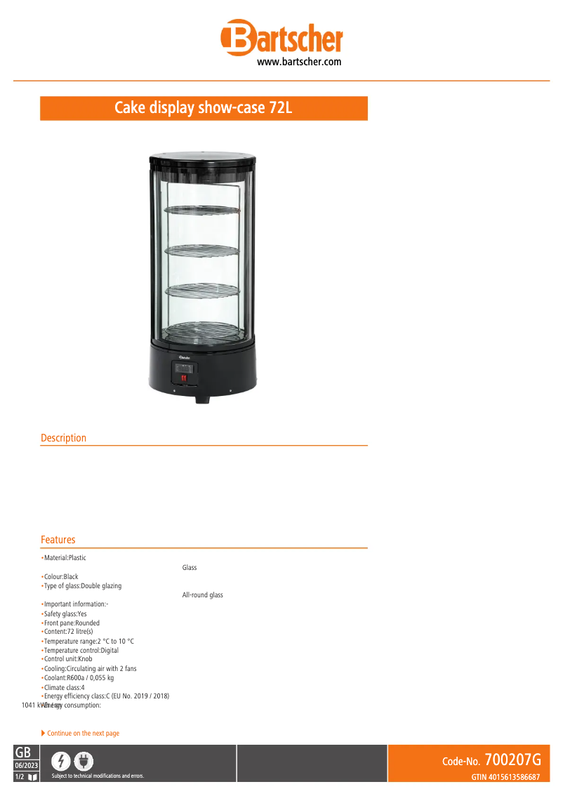 Page n°1 - Fiche technique Bartscher 700207G