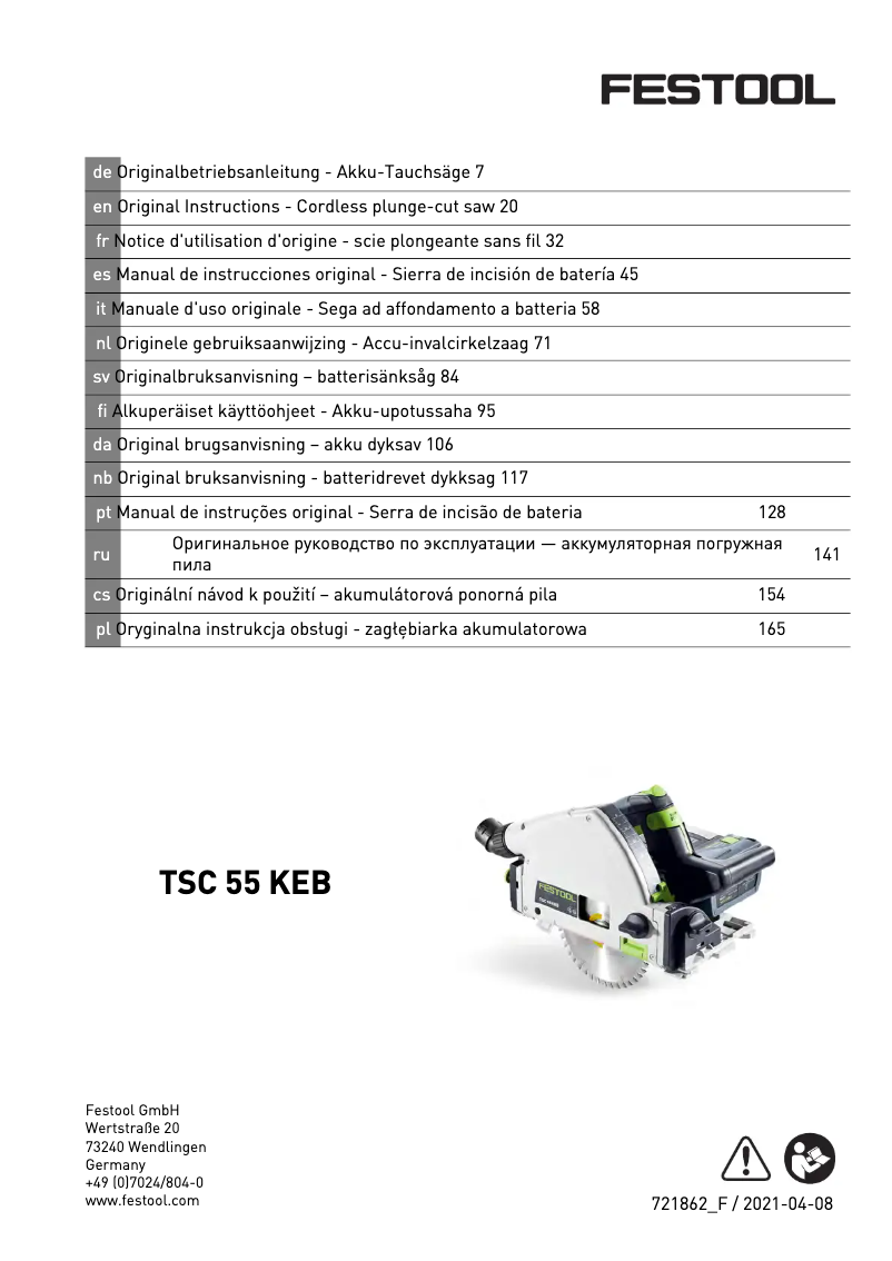 Page n°1 - Manuel utilisateur Festool TSC 55 KEB