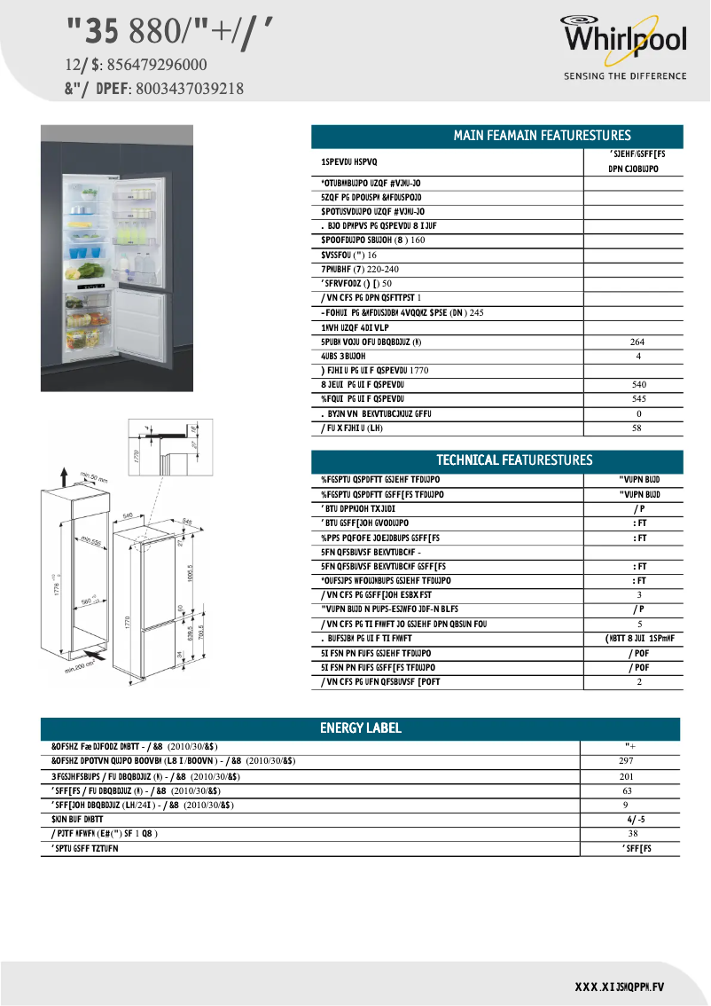 Page 1 de la notice Fiche technique Whirlpool ART 880/A+/NF