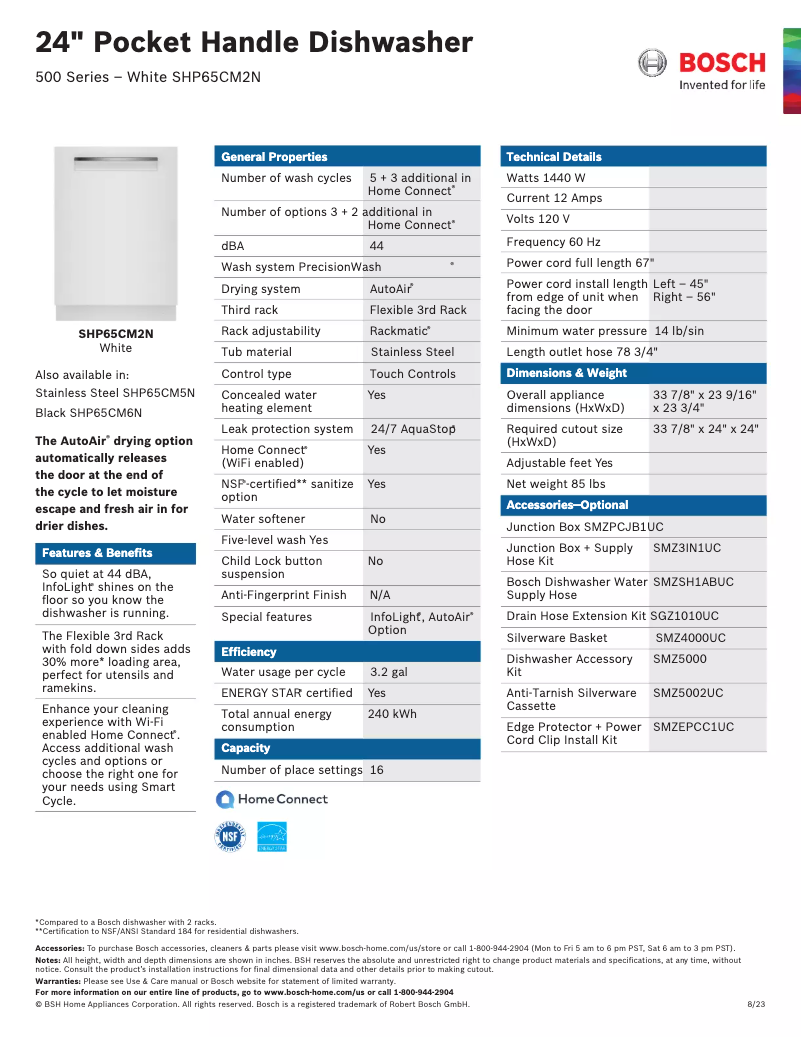 Page 1 de la notice Fiche technique Bosch SHP65CM2N