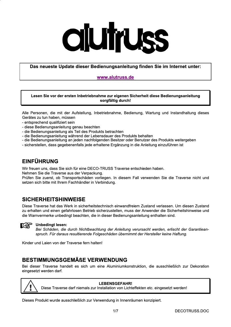 Page 1 de la notice Manuel utilisateur Decotruss SAC 19