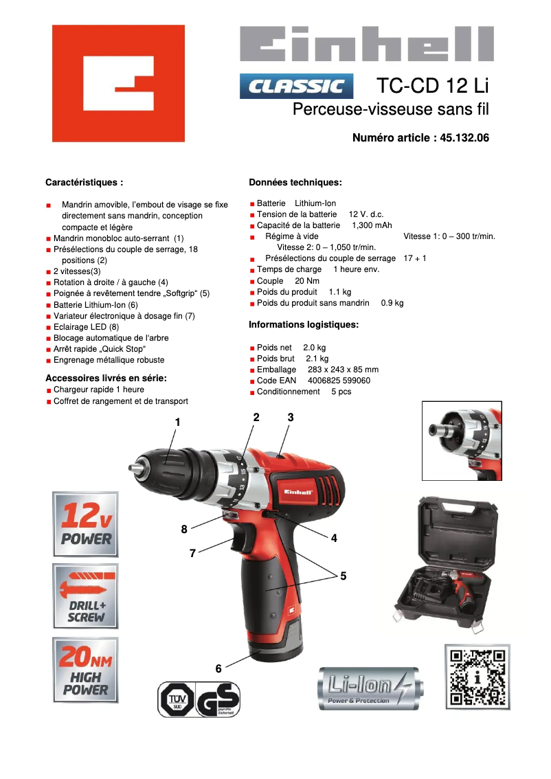Page 1 de la notice Fiche technique Einhell TC-CD 12 Li