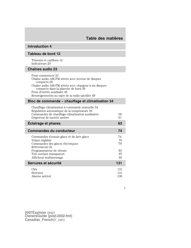 Page 1 de la notice Manuel utilisateur Ford Explorer (2007)