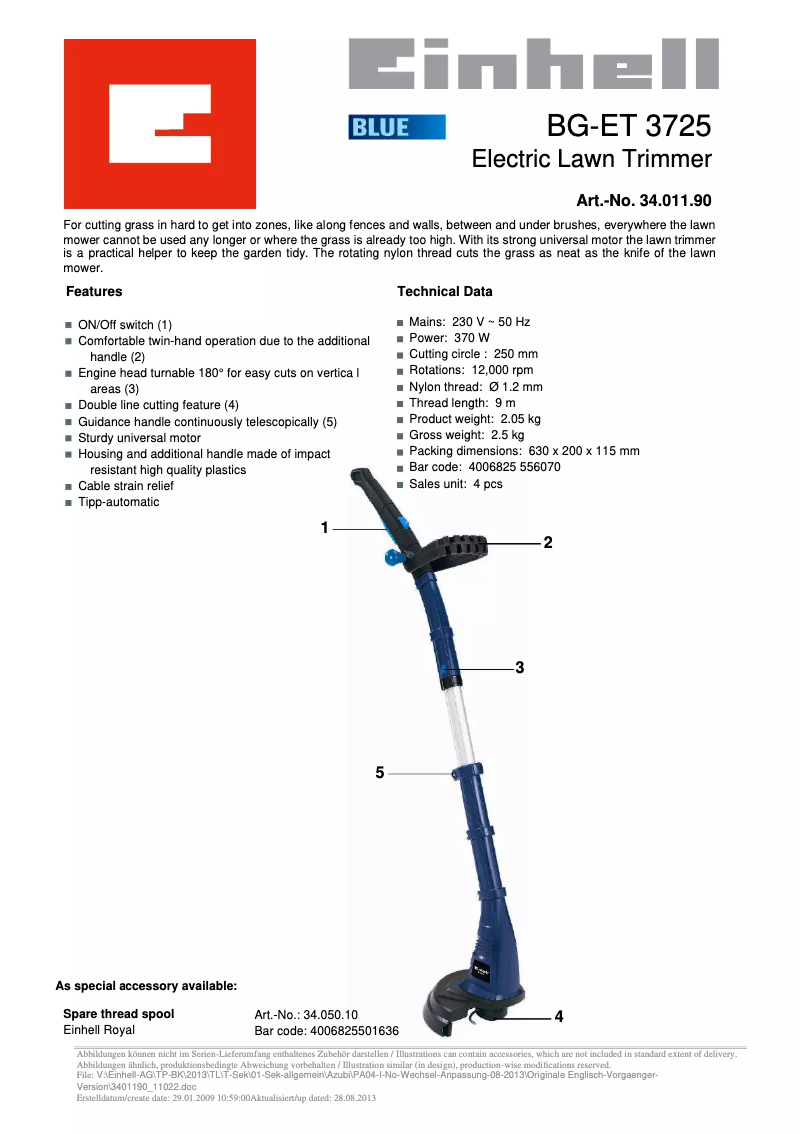 Page n°1 - Manuel utilisateur Einhell BG-ET 3725