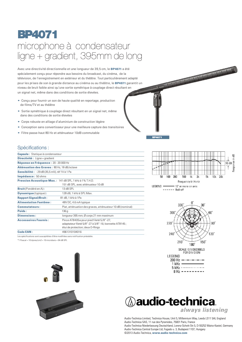 Page 1 de la notice Guide de démarrage rapide Audio-Technica BP4071