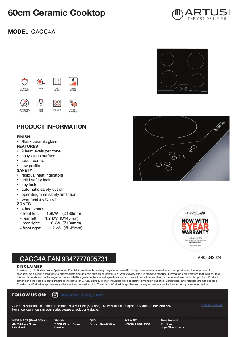 Page 1 de la notice Fiche technique Artusi CACC4A