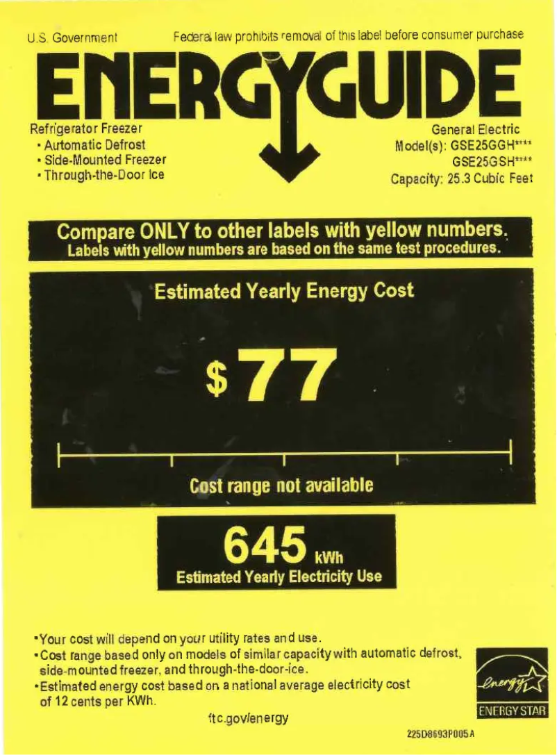 Page 1 de la notice Label énergétique GE GSE25GGHCC