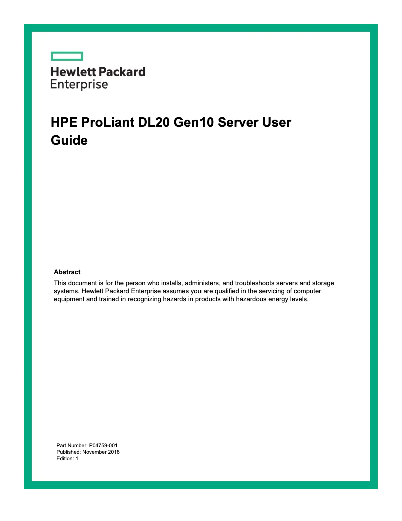 Page 1 de la notice Manuel utilisateur HP HPE ProLiant DL20 Gen10