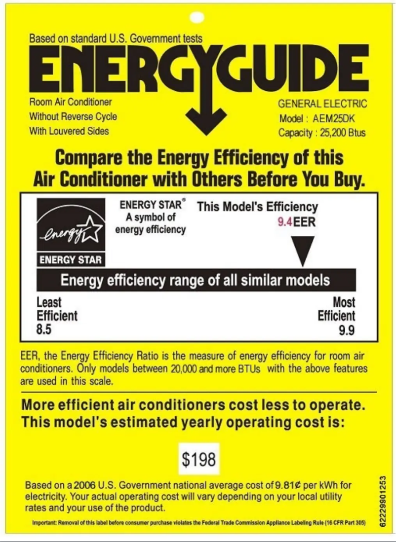 Page 1 de la notice Label énergétique GE AEM25DK