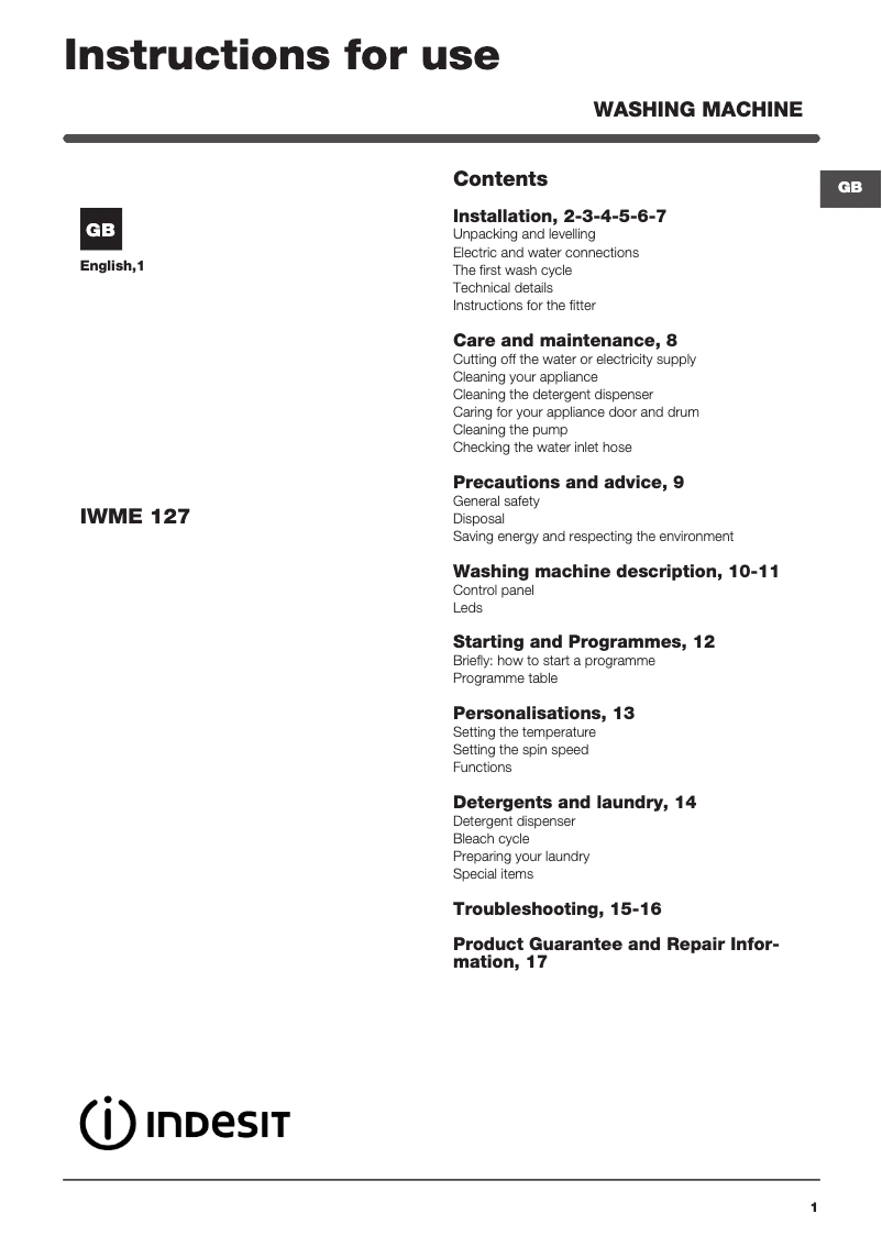 Page n°1 - Fiche technique Indesit IWME 127 UK