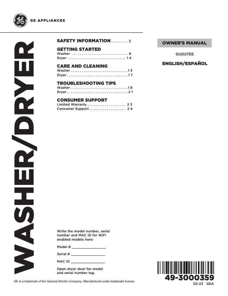 Image de la première page du manuel de l'appareil GUD27EESNWW