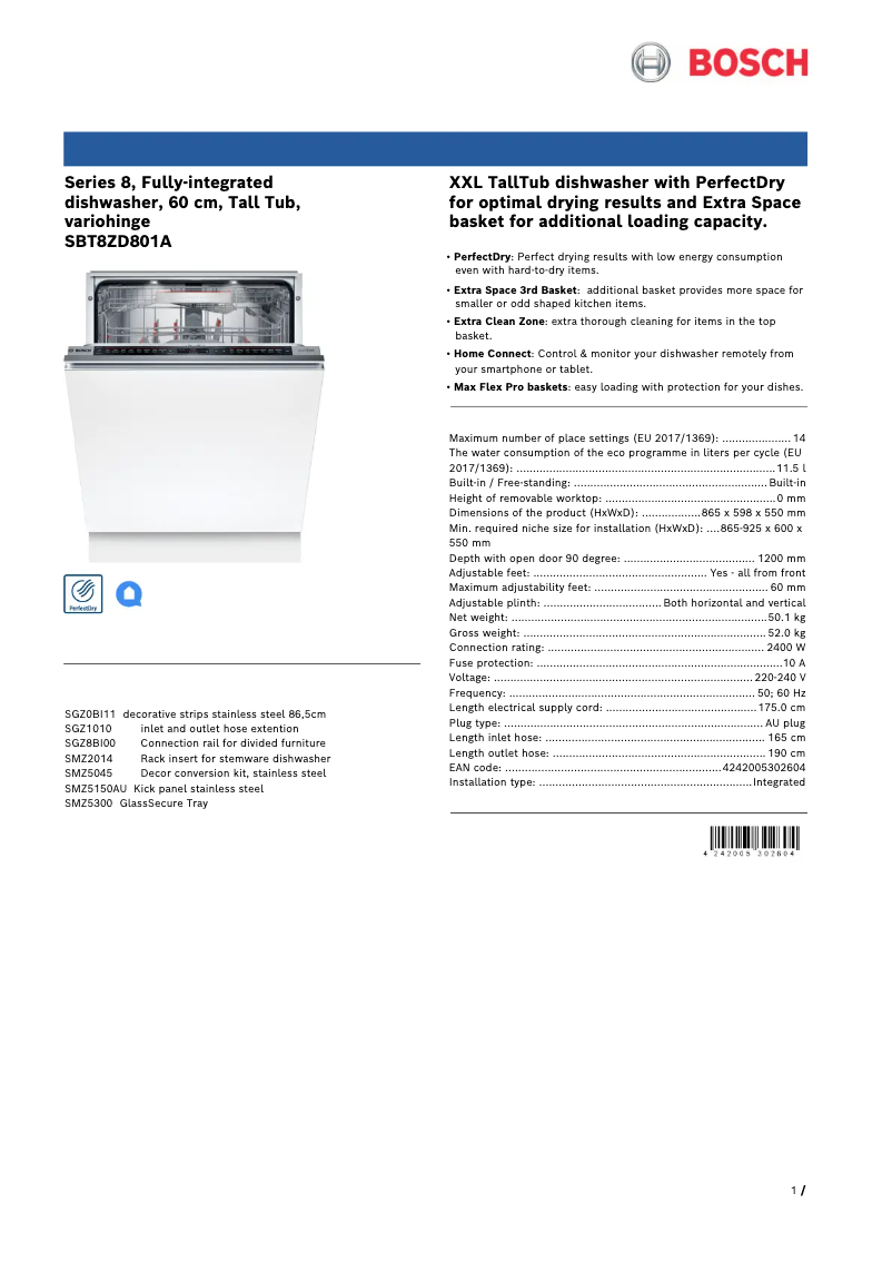 Page n°1 - Fiche technique Bosch SBT8ZD801A