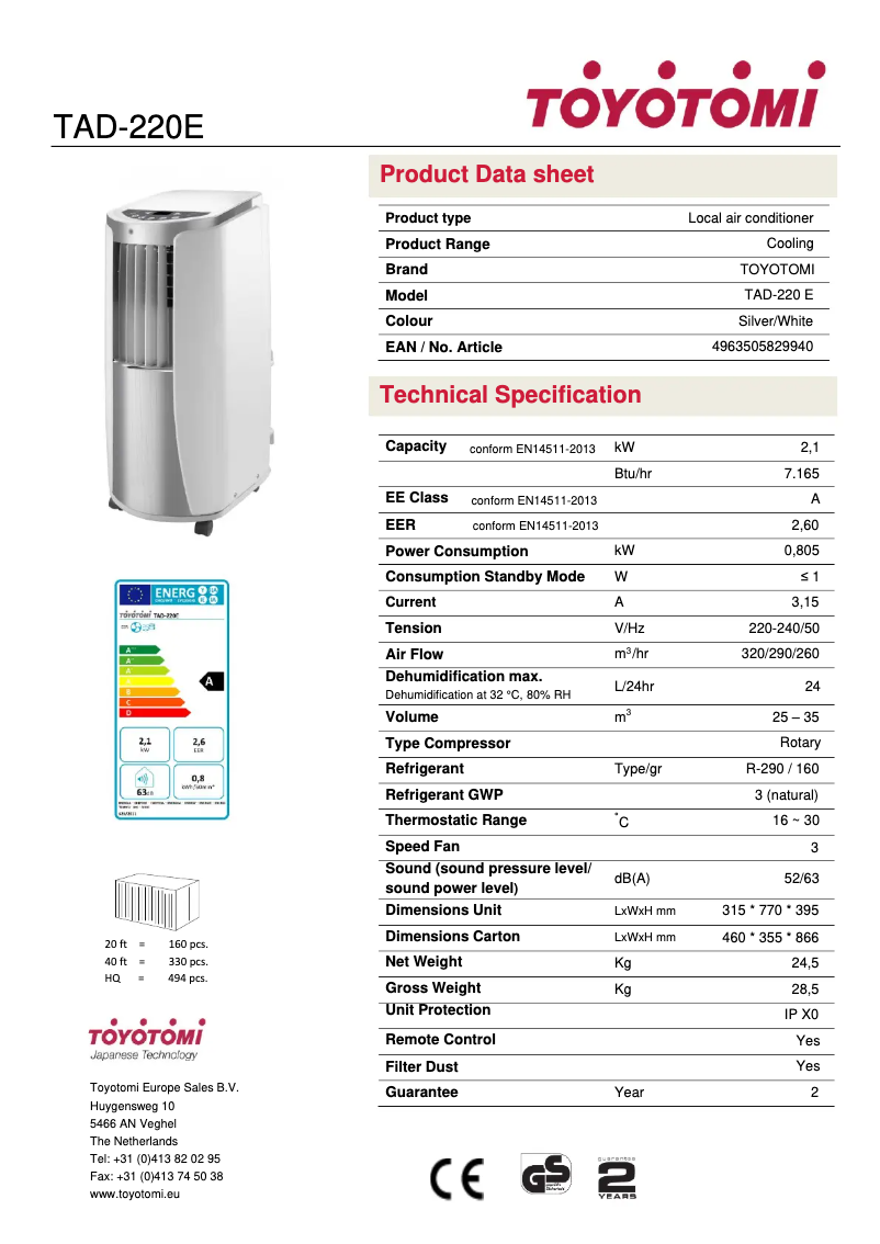 Page n°1 - Fiche technique Toyotomi TAD-220E