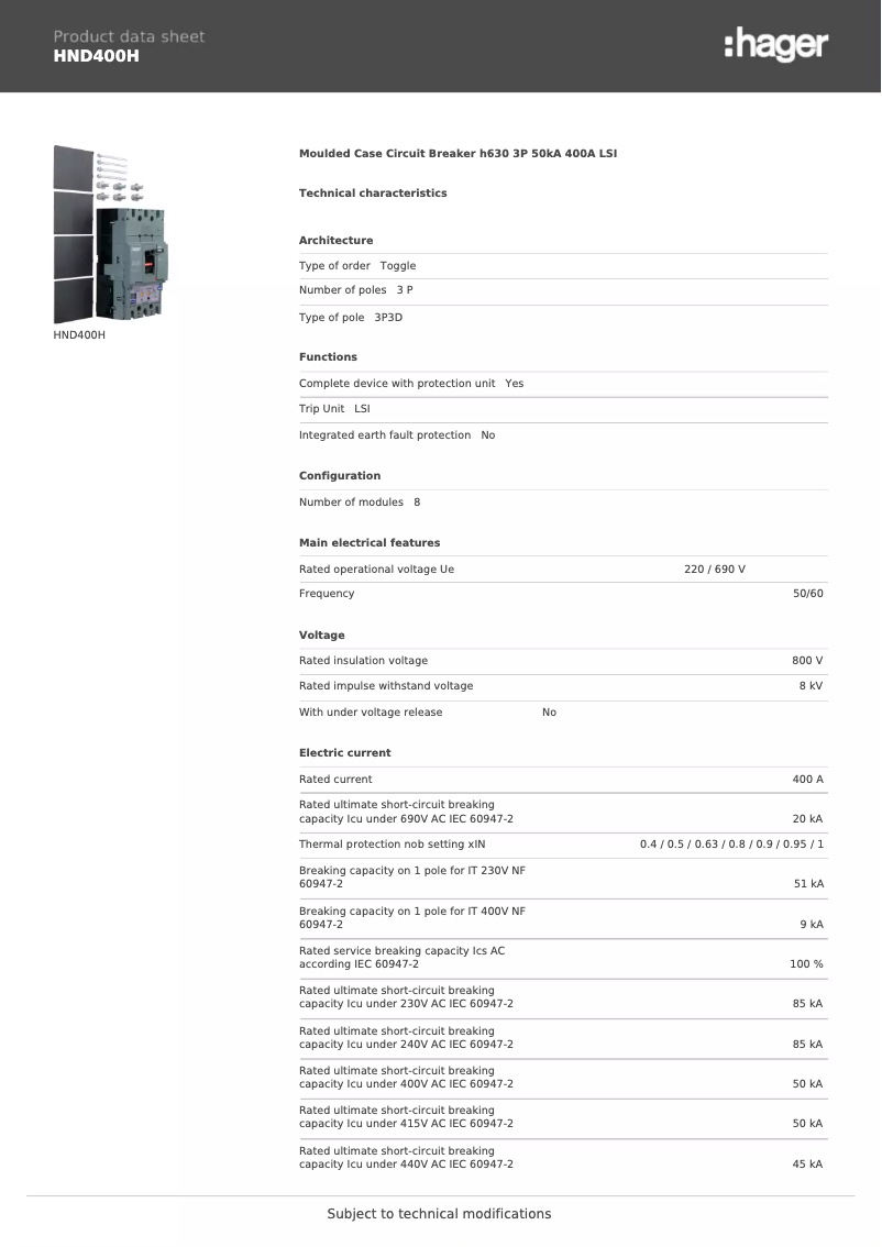 Page n°1 - Fiche technique Hager HND400H