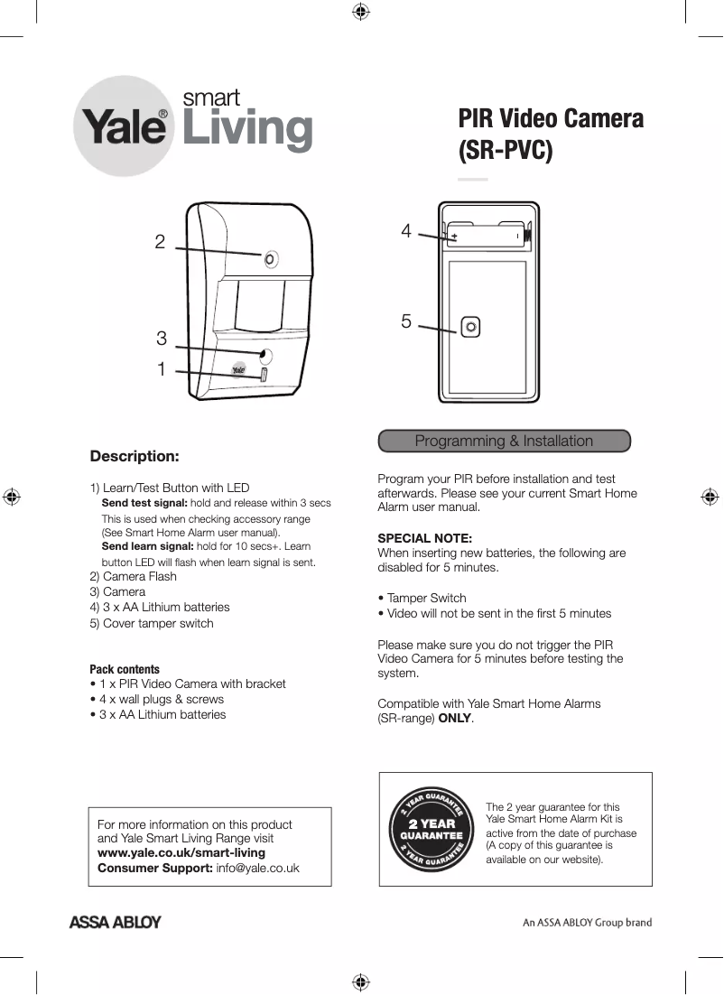 Page 1 de la notice Manuel utilisateur Yale PIR Video Camera