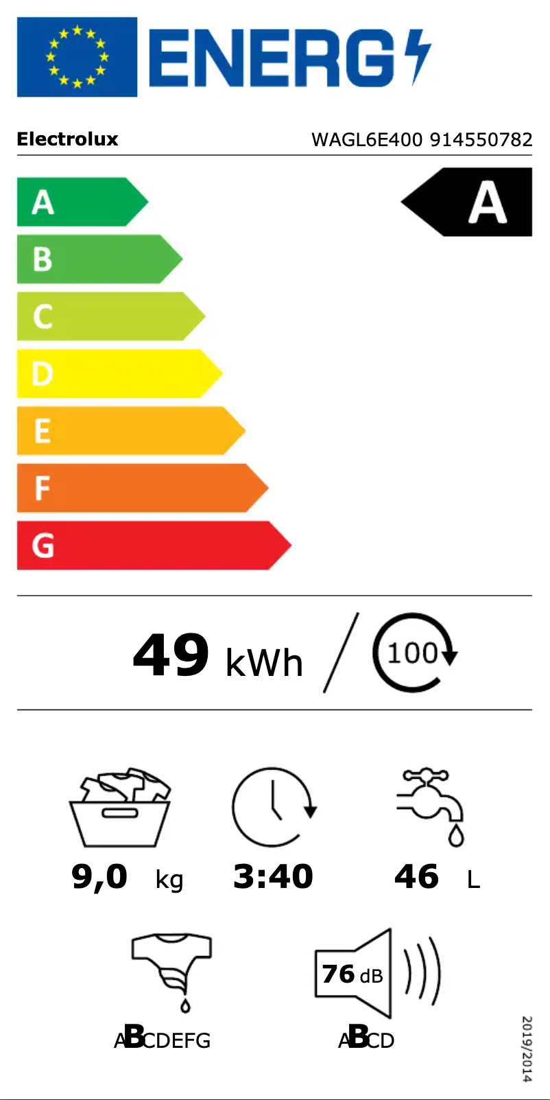 Page n°1 - Label énergétique Electrolux WAGL6E400