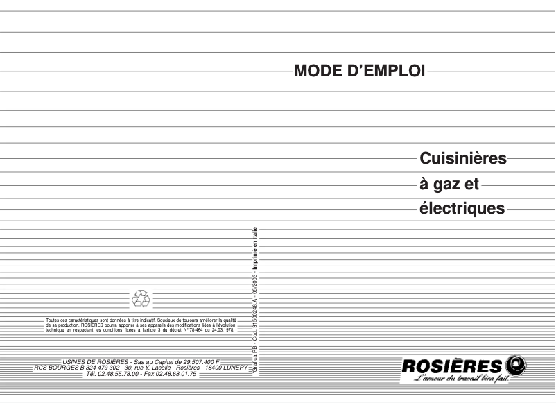 Page 1 de la notice Manuel utilisateur Rosieres RCE 5325 RB