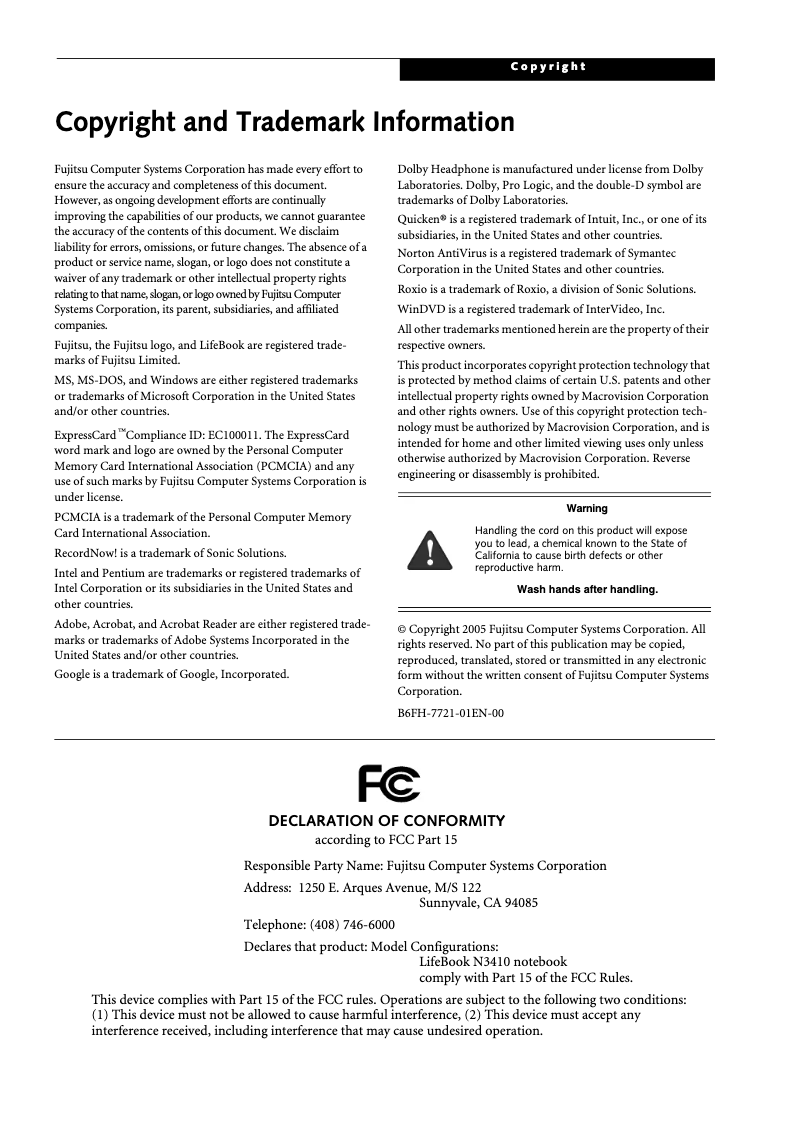 Page 1 of the manual User Manual Fujitsu LifeBook N3410