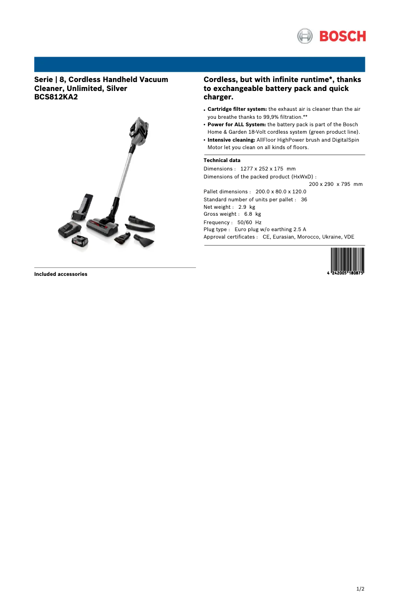 Page 1 of the manual Technical Sheet Bosch BCS812KA2