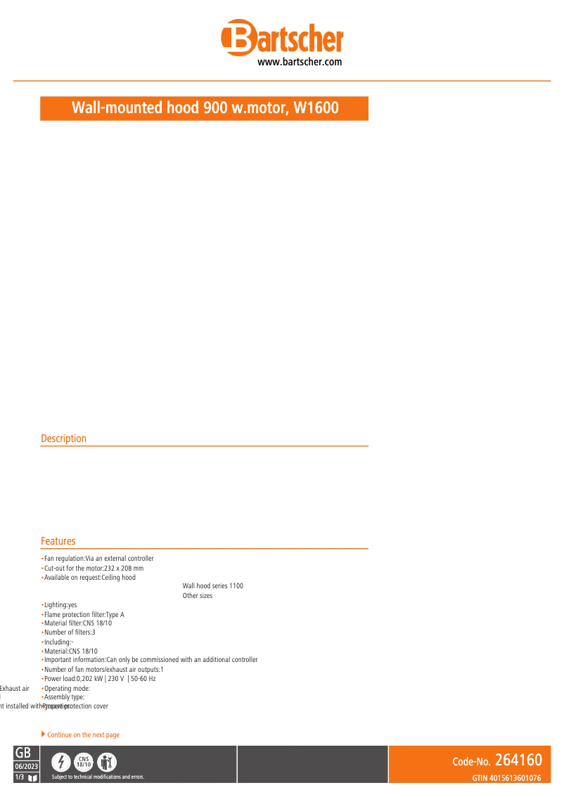 Page 1 de la notice Fiche technique Bartscher 264160