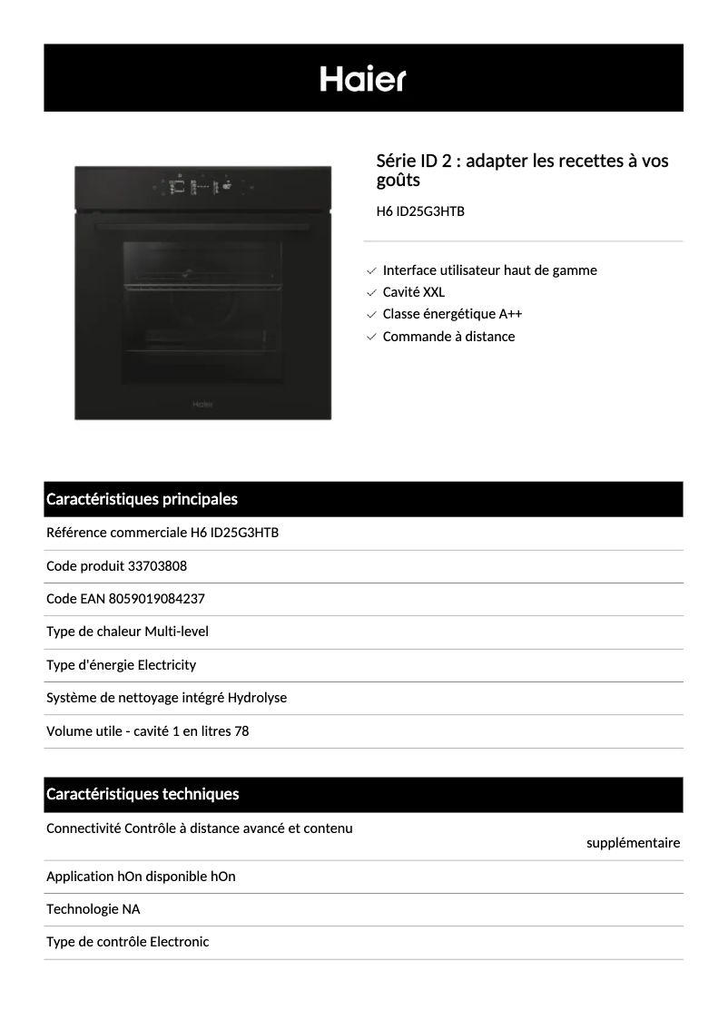 Page 1 de la notice Fiche technique Haier H6 ID25G3HTB