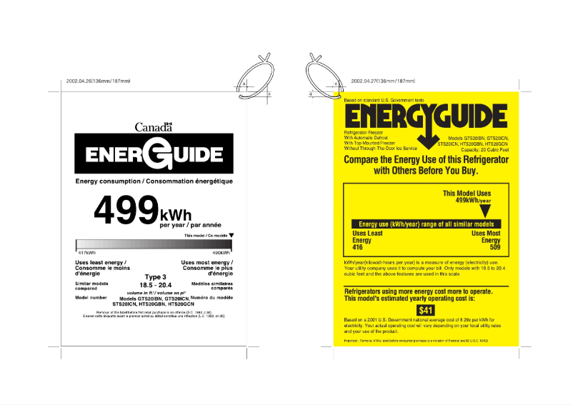 Page 1 de la notice Label énergétique GE GTS20IBNCC