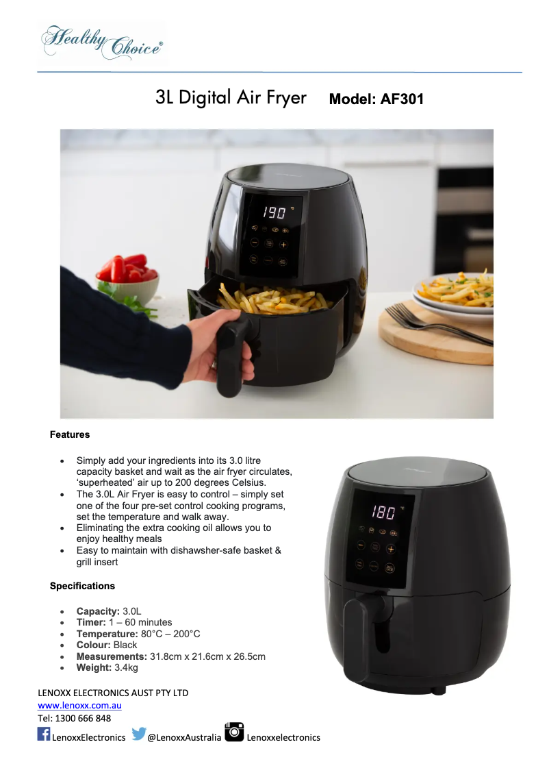 Page n°1 - Fiche technique Lenoxx Healthy Choice AF301
