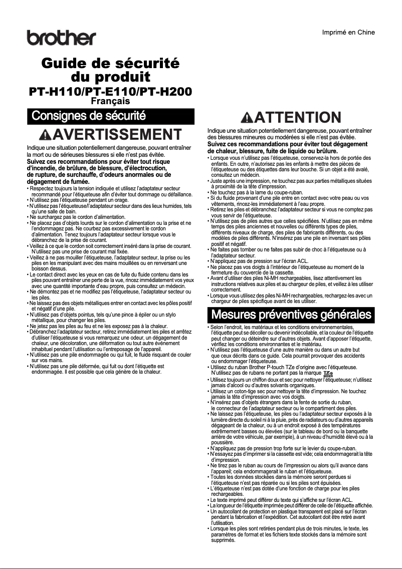 Page 1 de la notice Instructions de sécurité Brother P-touch H200
