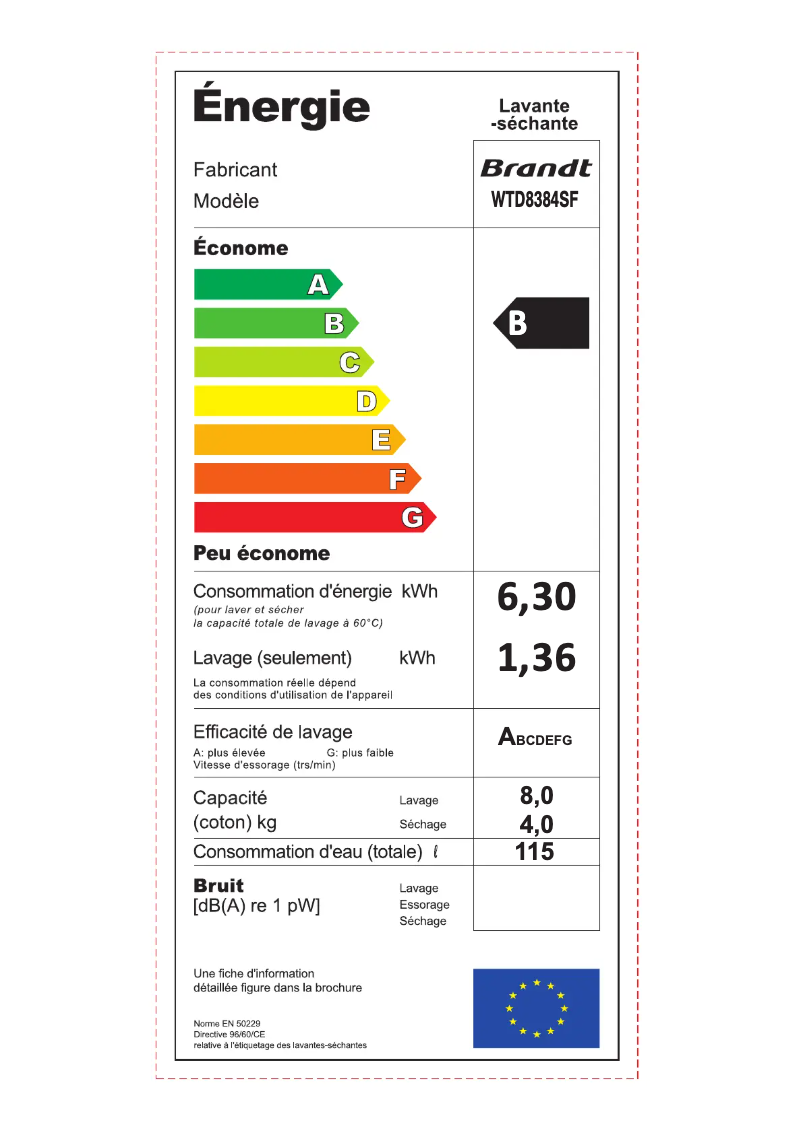 Page n°1 - Label énergétique Brandt WTD8384SF