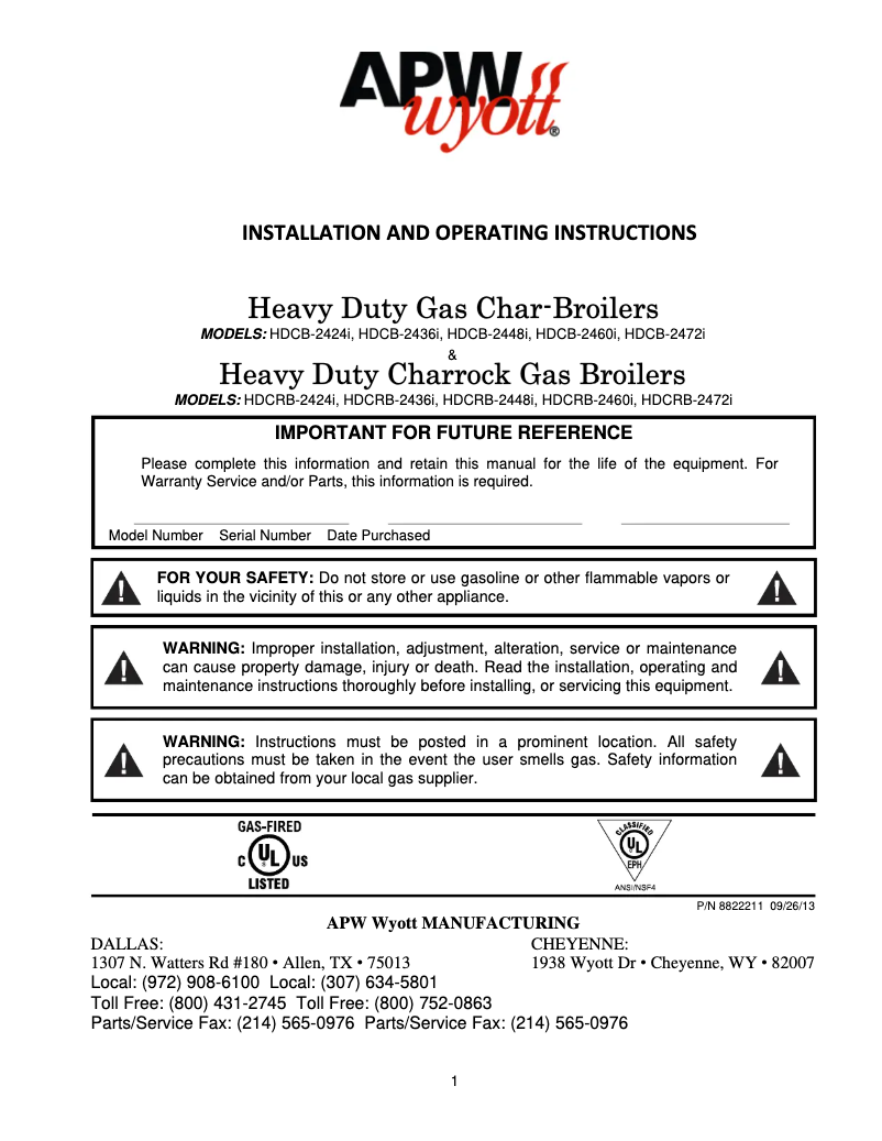 Page 1 de la notice Manuel utilisateur APW Wyott HCRB-2424i