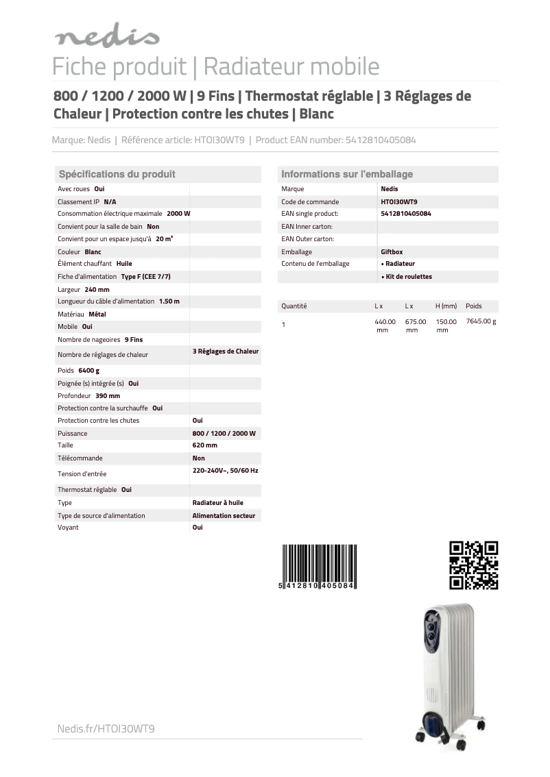 Page 1 de la notice Fiche technique Nedis HTOI30WT9