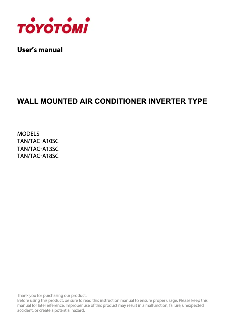 Page n°1 - Manuel utilisateur Toyotomi TAN/TAG-A10SC