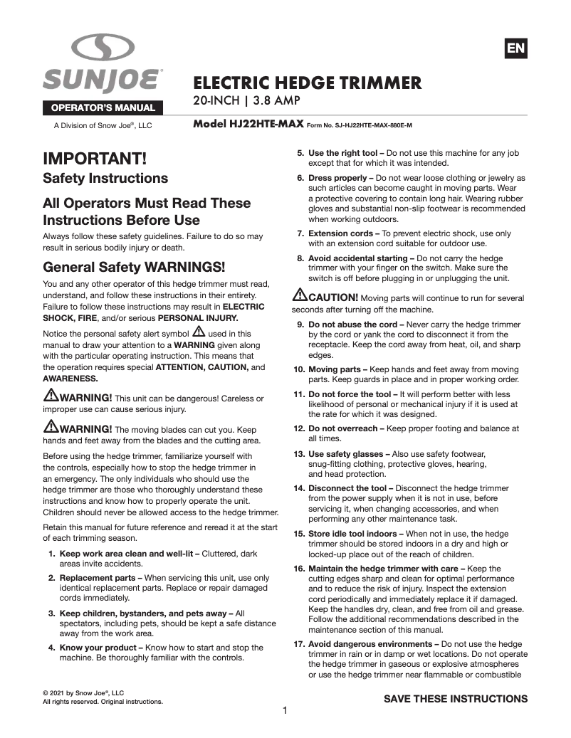Page 1 de la notice Manuel utilisateur Sun Joe HJ22HTE