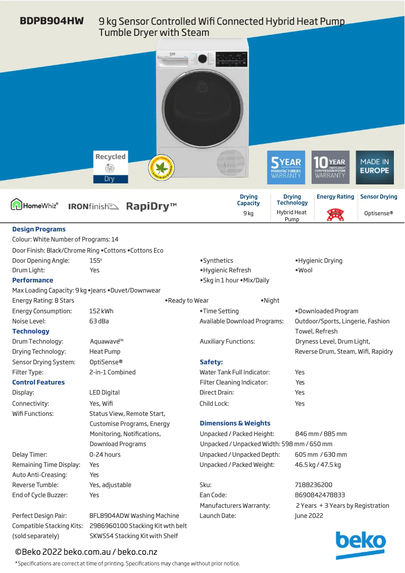 Page 1 de la notice Fiche technique Beko BDPB904HW