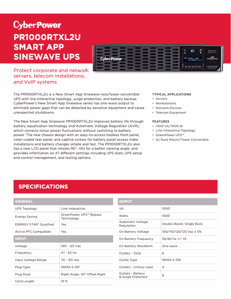 Page 1 de la notice Manuel utilisateur CyberPower PR1000RTXL2U