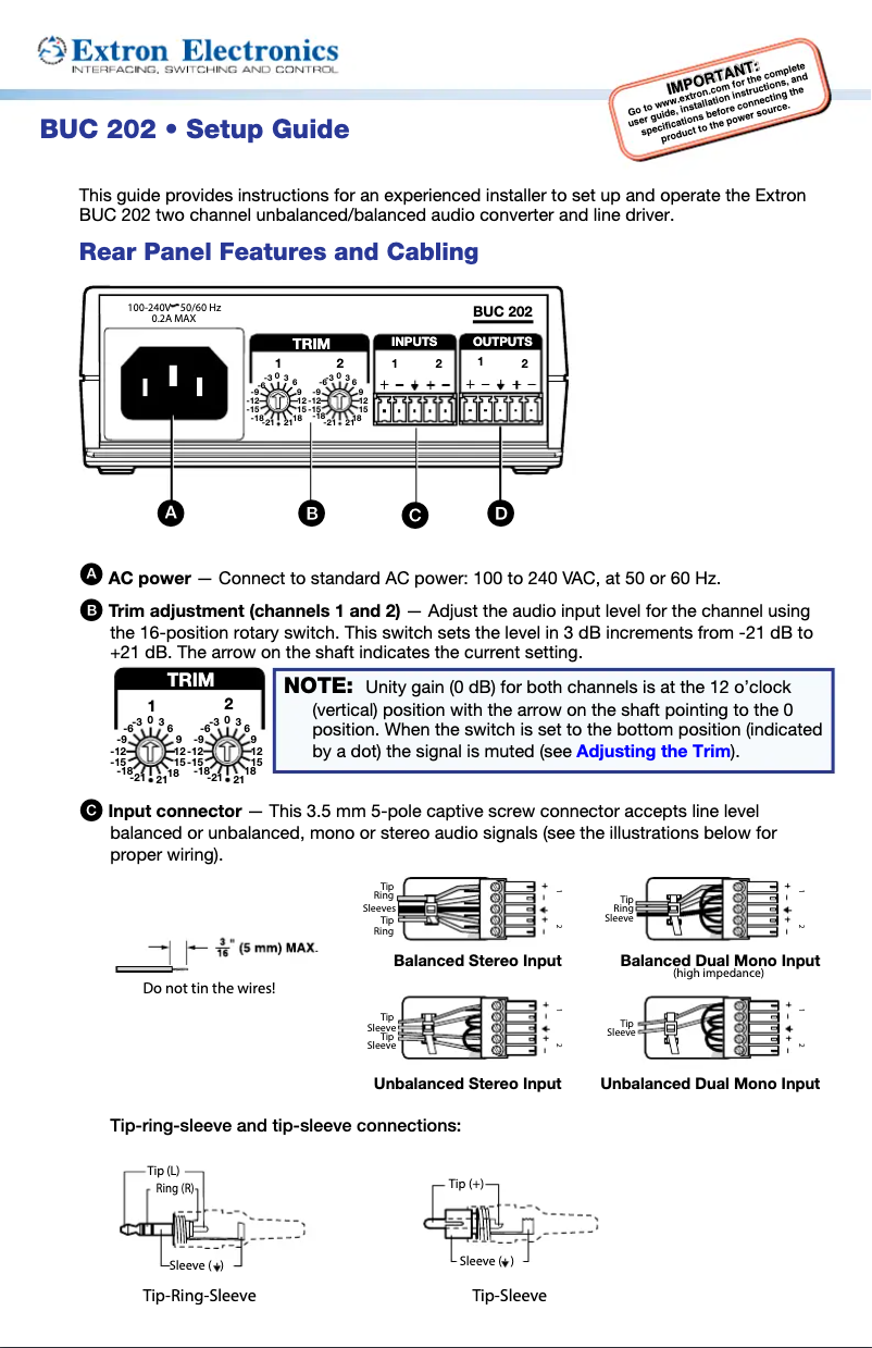 Page n°1 - Manuel utilisateur Extron BUC 202