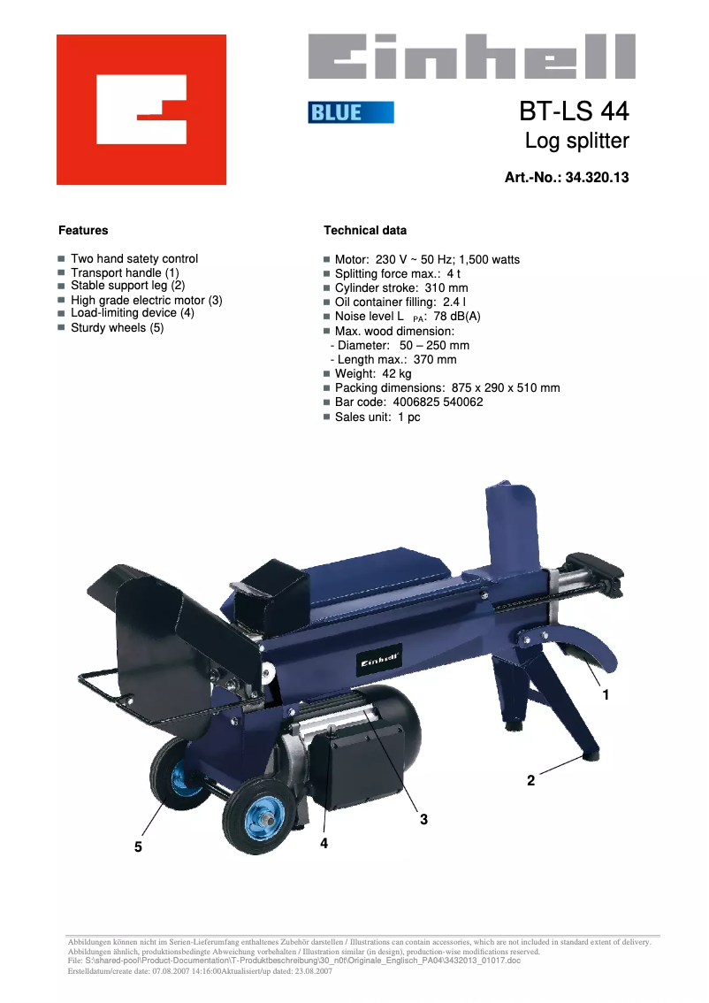 Page n°1 - Fiche technique Einhell BT-LS 44