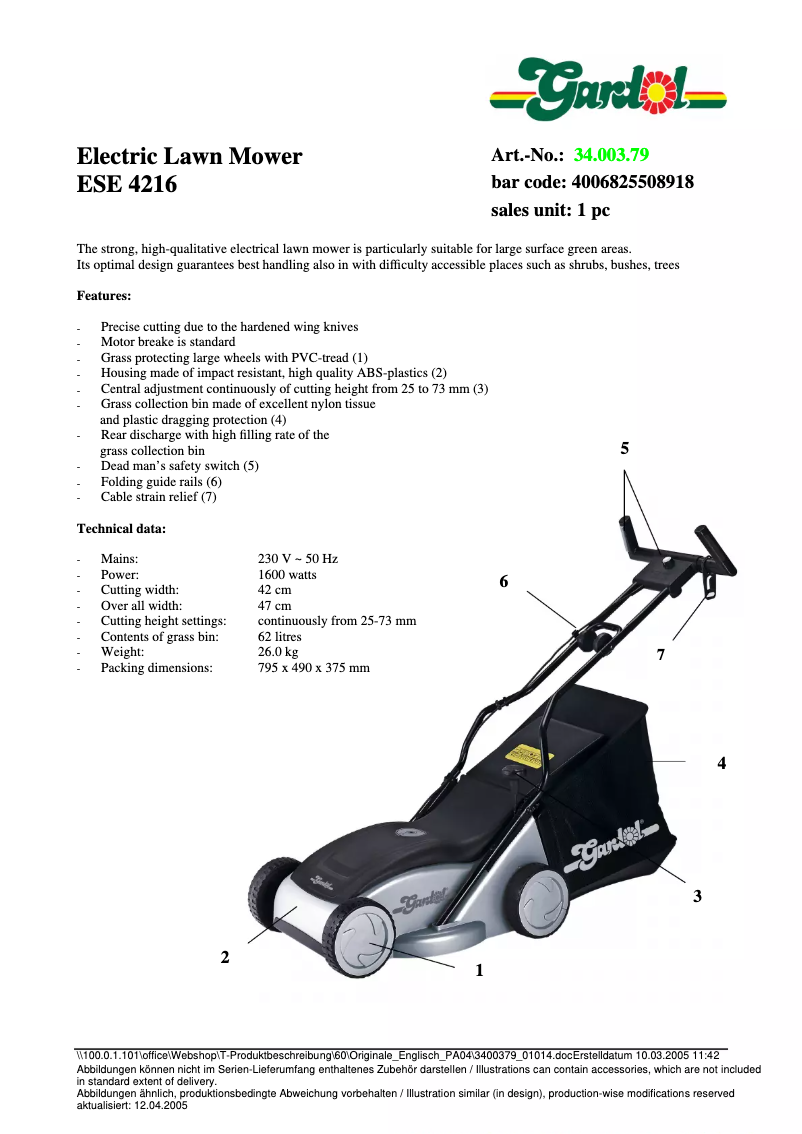 Page 1 de la notice Fiche technique Gardol ESE 4216